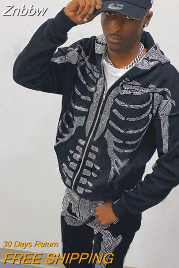 Znbbw Fashion Hot-selling Rhinestones Skeleton Print Black Y2k Gothic Long-sleeve Full Zip Hoodie Oversized Sweatshirt Jacket